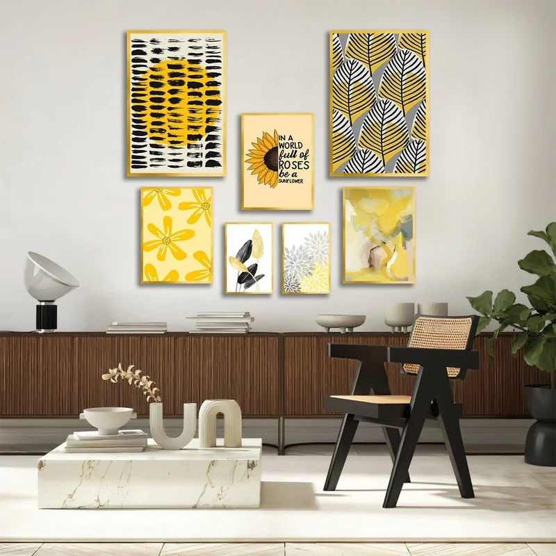 تابلو ساده بکلیت طرح نقاشی مینیمال و گل آفتابگردان مدل شاین اکلیلی T-2718 فریم طلایی مجموعه 7 عددی