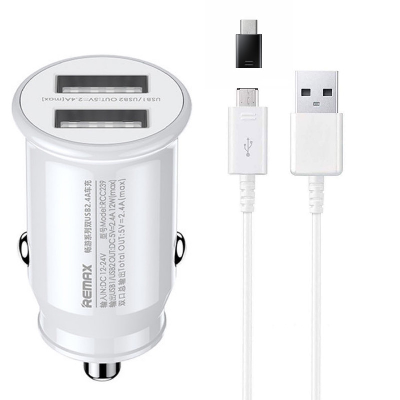 شارژر فندکی 12 وات ریمکس مدل RCC239 به همراه کابل تبدیل USB-C / microUSB