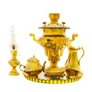 سرویس سماور ذغالی 6 پارچه برنجی مدل میخی ترک دار کد 4458