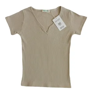 تی شرت آستین کوتاه زنانه مدل کبریتی رنگ کرم روشن