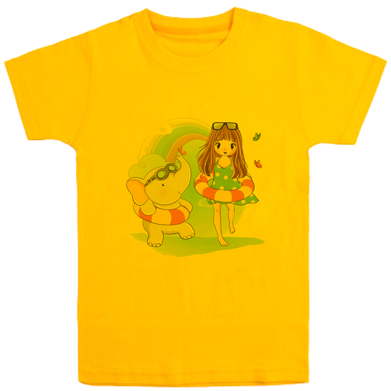 تی شرت آستین کوتاه دخترانه مدل دخترک وفیل D52 رنگ زرد