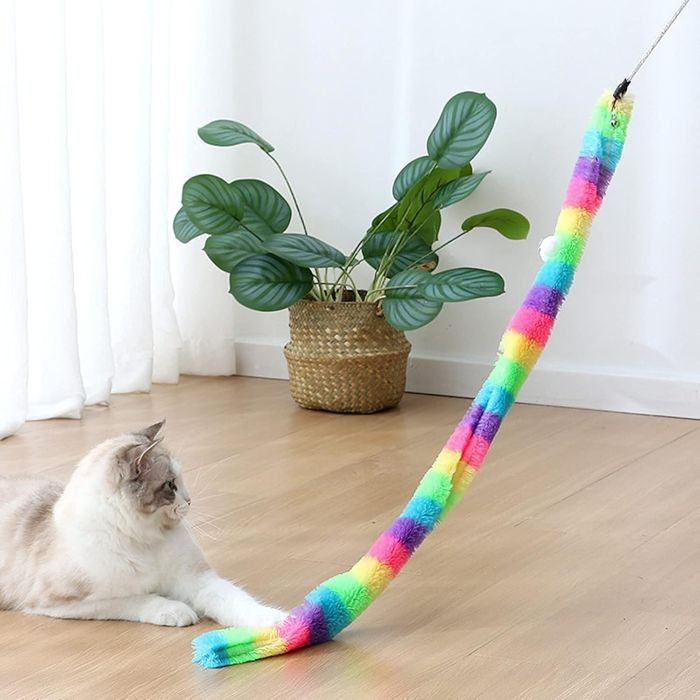 چوب بازی گربه مدل مخملی زنگوله دار طرح کرم رنگین کمان Worm01 
