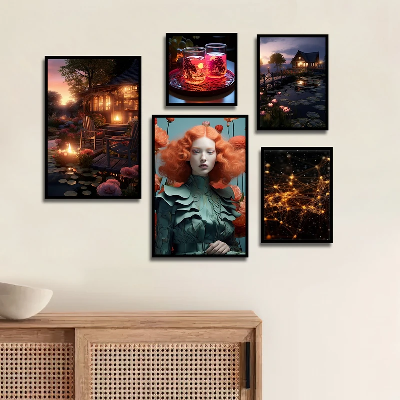 تابلو بکلیت طرح منظره کلبه چوبی مدل شاین اکلیلی B-1769 مجموعه 5 عددی