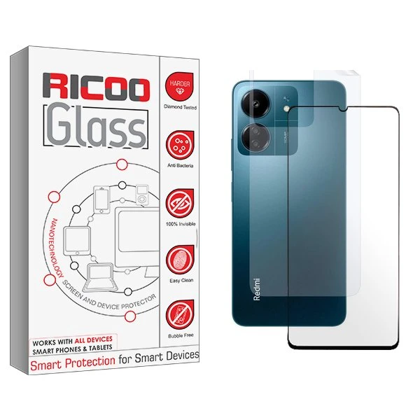 محافظ صفحه نمایش شیشه ای ریکو مدل RiC2 مناسب برای گوشی موبایل شیائومی Redmi 13C  به همراه محافظ پشت گوشی