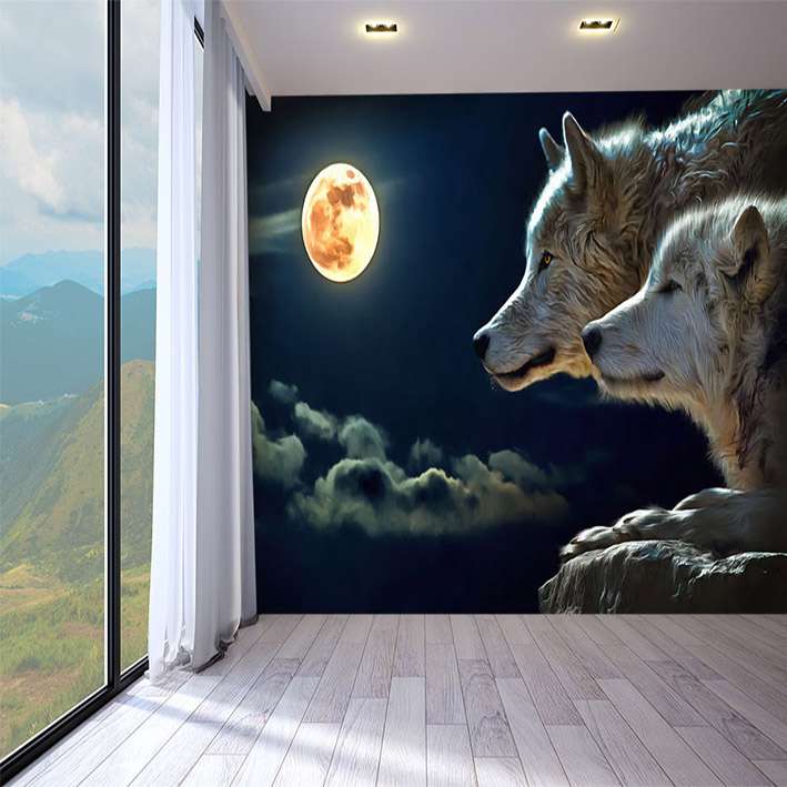 پوستر دیواری سه بعدی مدل سگ و گرگ در شب ماه DVRF2524