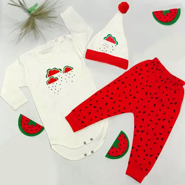 ست 3 تکه لباس نوزادی مدل یلدا طرح هندوانه کد Ge3