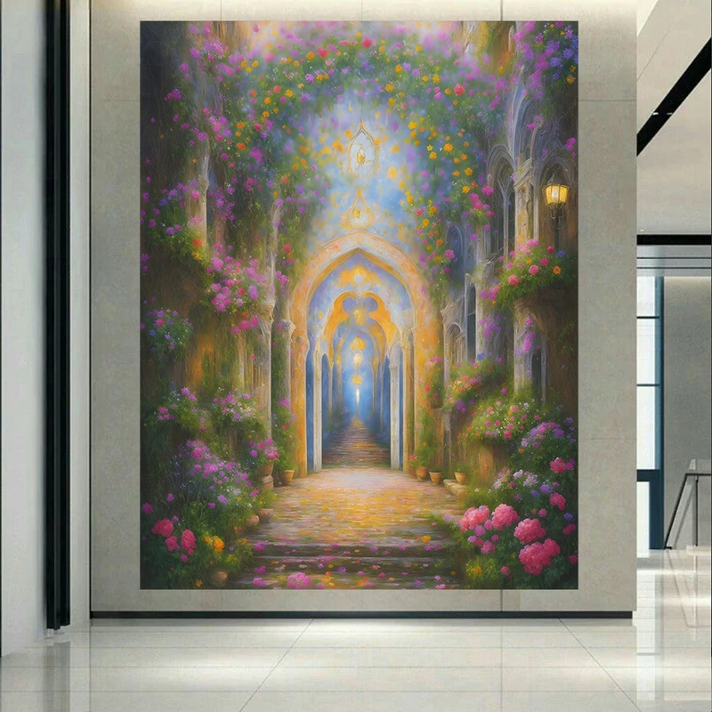 تابلو بوم طرح مخمل مدل کاخ و گلهای رنگارنگ کد AR302627