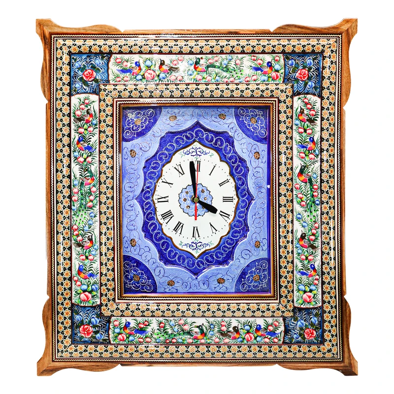 ساعت دیواری خاتم کاری چوبی صنایع دستی فاخر مدل یونیک طرح گل و مرغ برجسته کد GrBl55p50mr29p22-2f2
