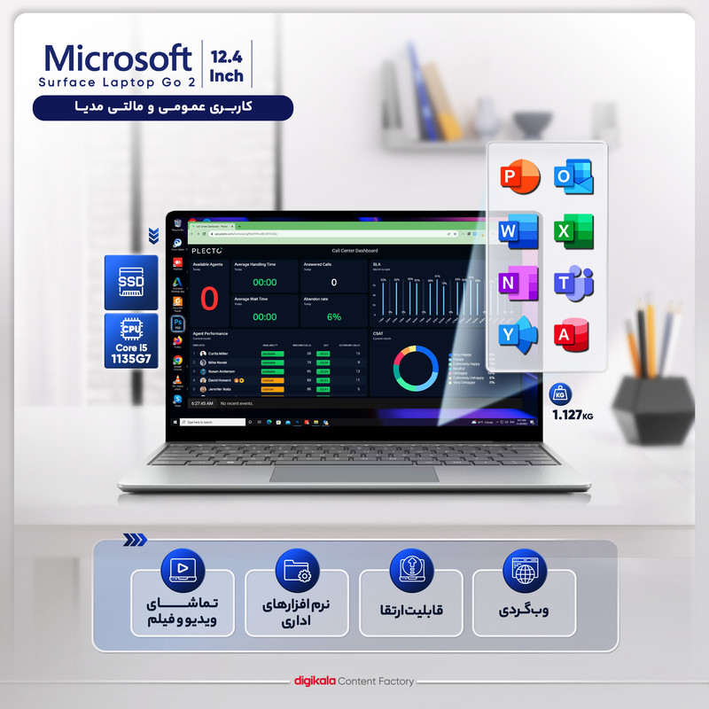 لپ تاپ 12.4 اینچی مایکروسافت مدل Surface Laptop Go 2-i5 1135G7-16GB LPDDR4X-256GB SSD-Touch