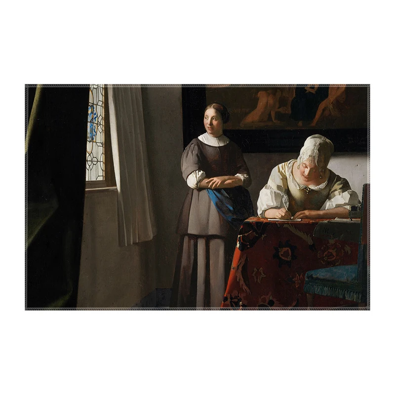 کاغذ کادو ترمه طراحان ایده مدل زنی در حال خواندن نامه با خدمتکارش از ورمر کد art0592 سایز 57x37 سانتی متر