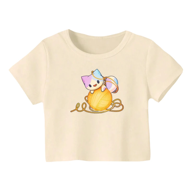 کراپ‌ تی‌شرت آستین کوتاه زنانه مدل گربه کد 20