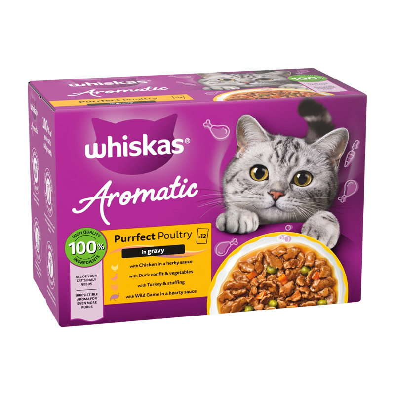 پوچ گربه بالغ ویسکاس مدل گروی طعم مرغ، بوقلمون، اردک وزن 85 گرم بسته 12 عددی