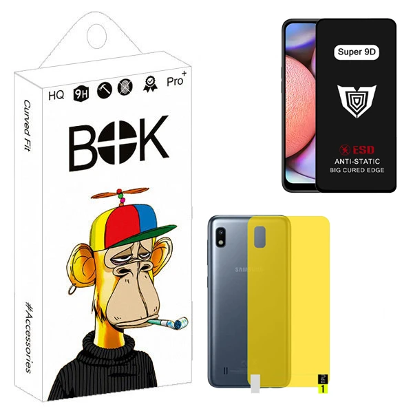 محافظ صفحه نمایش بوک مدل Super 9D Pro مناسب برای گوشی موبایل سامسونگ galaxy A10 به همراه محافظ پشت گوشی