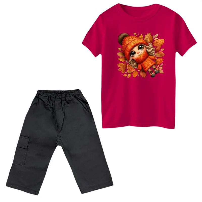 ست تی‌شرت آستین کوتاه و شلوارک دخترانه مدل دختر پاییزی       رنگ سرخابی