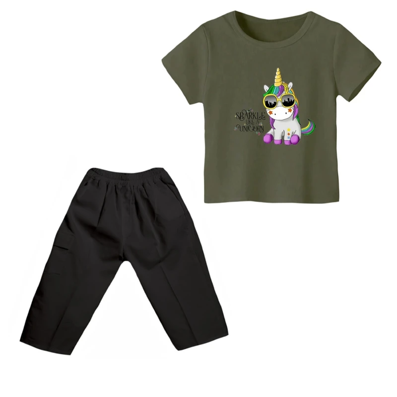ست تی شرت و شلوارک دخترانه مدل یونیکورن کد ۴۹