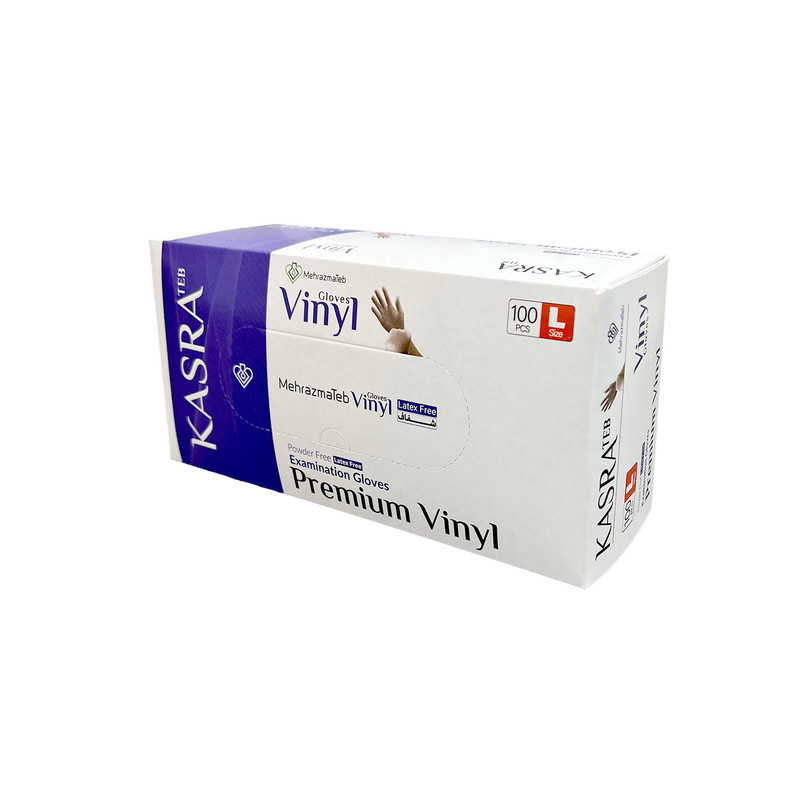 دستکش وینیل غیر پودری کسری طب مدل Latex Free سایز بزرگ بسته 2 عددی