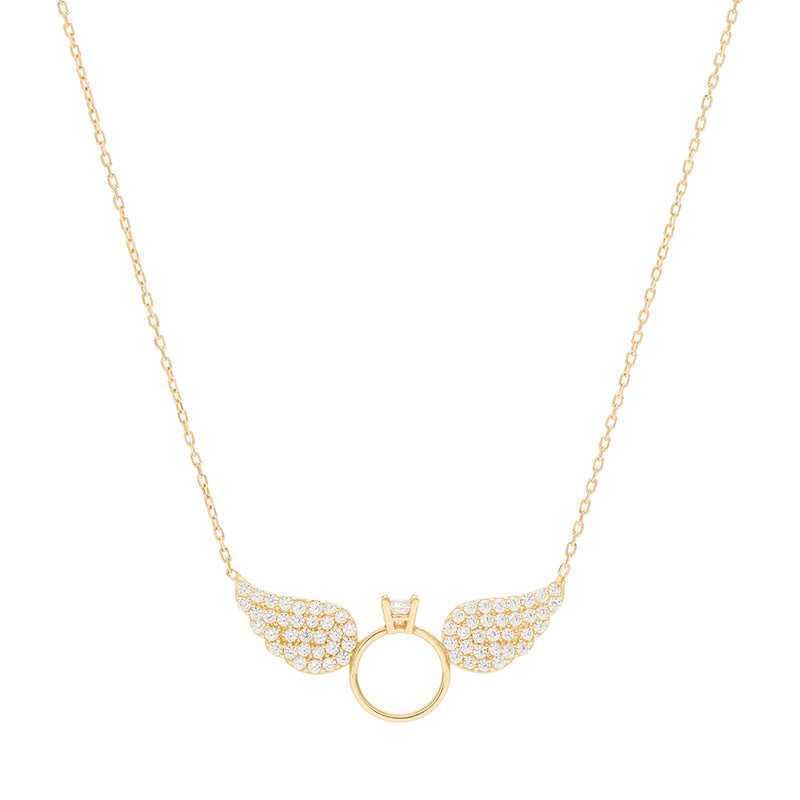 گردنبند طلا 18 عیار زنانه با طرح حلقه‌ای (فلامینگو) وی گالری مدل سولیتر با بال نگین دار 7278