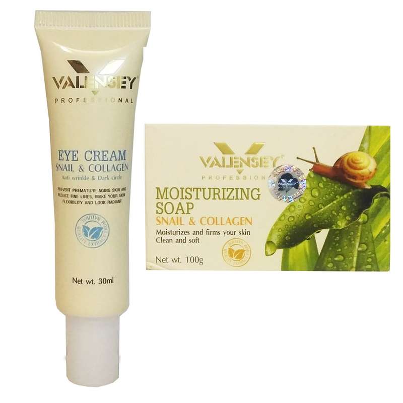 پک دو عددی کرم دور چشم و صابون سفت کننده حلزون والنسی مدل Snail and Collagen پک دو عددی کرم دور چشم و صابون سفت کننده حلزون والنسی مدل Snail and Collagen