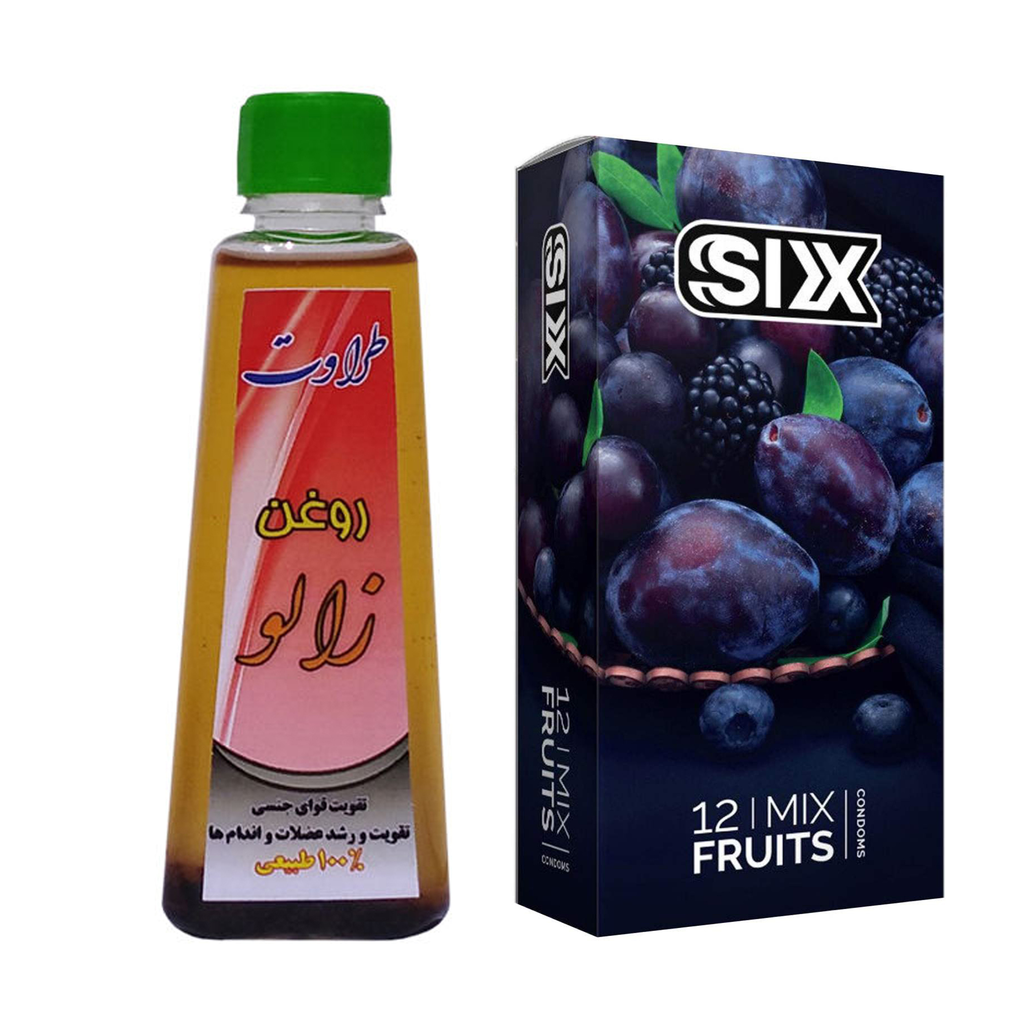 کاندوم سیکس مدل Mix Fruits بسته 12 عددی به همراه روغن زالو طراوت کد 60 حجم 60 میلی لیتر