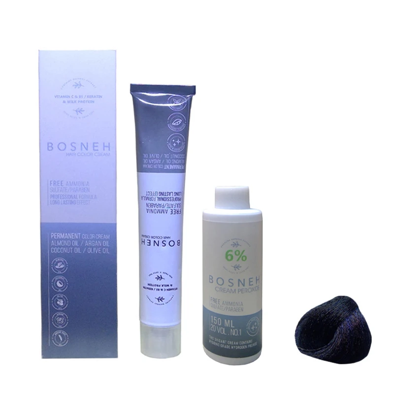 رنگ مو بوسنه مدل FREE AMMONIA شماره 1.10 حجم 100 میلی لیتر رنگ مشکی پر کلاغی به همراه اکسیدان بوسنه مدل 20vol شش درصدی حجم 150 میلی لیتر