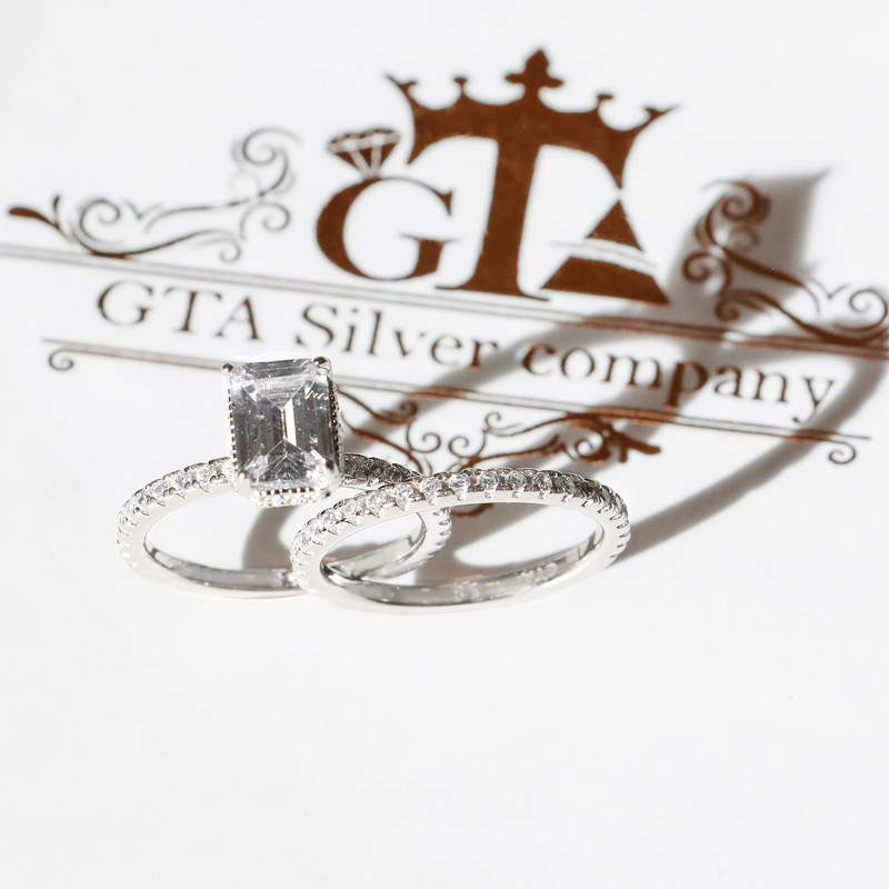 انگشتر نقره زنانه جی تی ای مدل تک نگین مجموعه 2 عددی