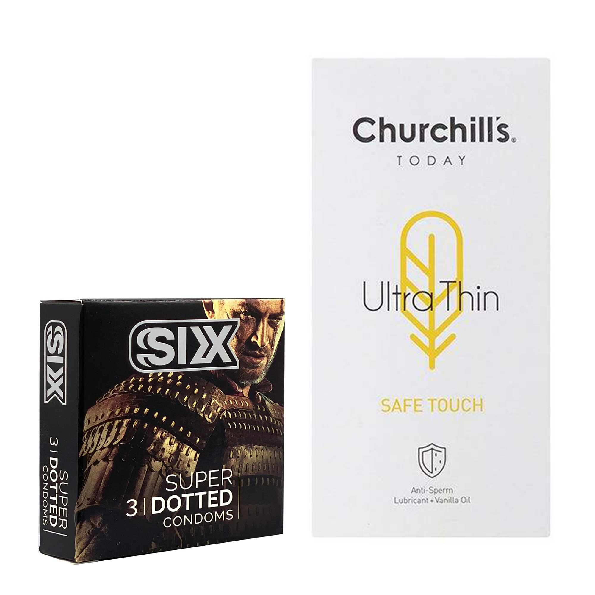 کاندوم چرچیلز مدل Safe Touch بسته 12 عددی به همراه کاندوم سیکس مدل خاردار بسته 3 عددی 