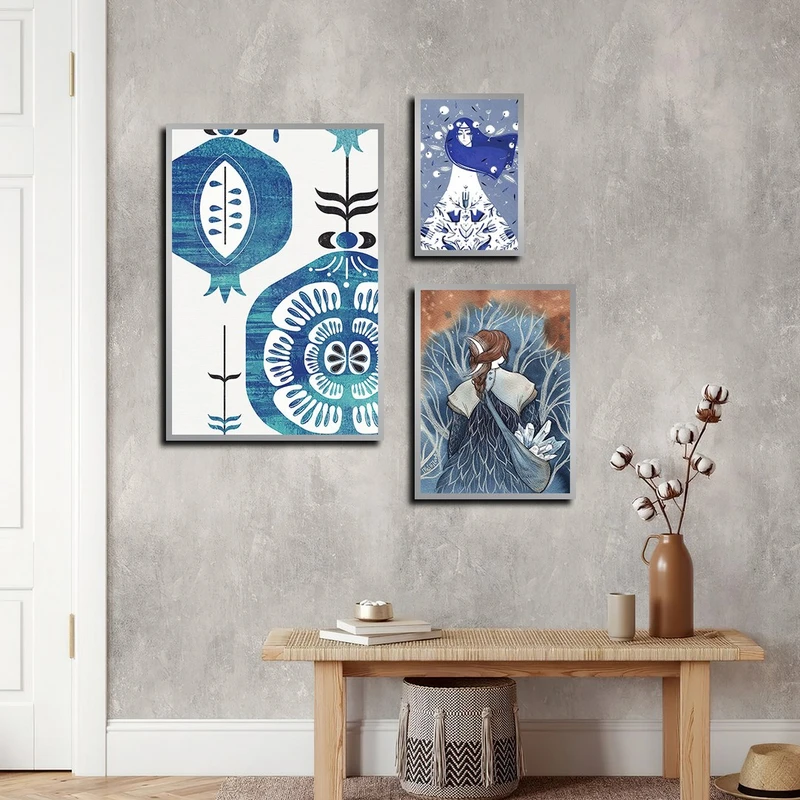 تابلو بکلیت طرح نقاشی دخترانه مدل SI-4014 فریم نقره ای مجموعه 3 عددی