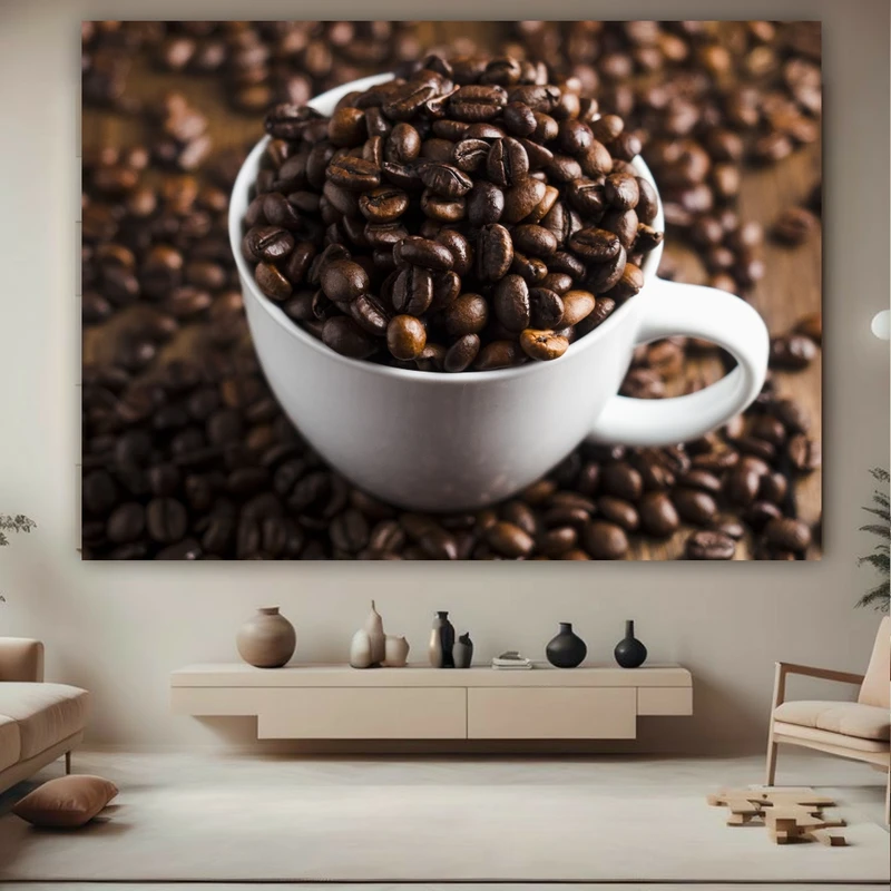 پوستر پارچه ای طرح مخمل فنجان قهوه مدل  دانه های قهوه کد FP1056690