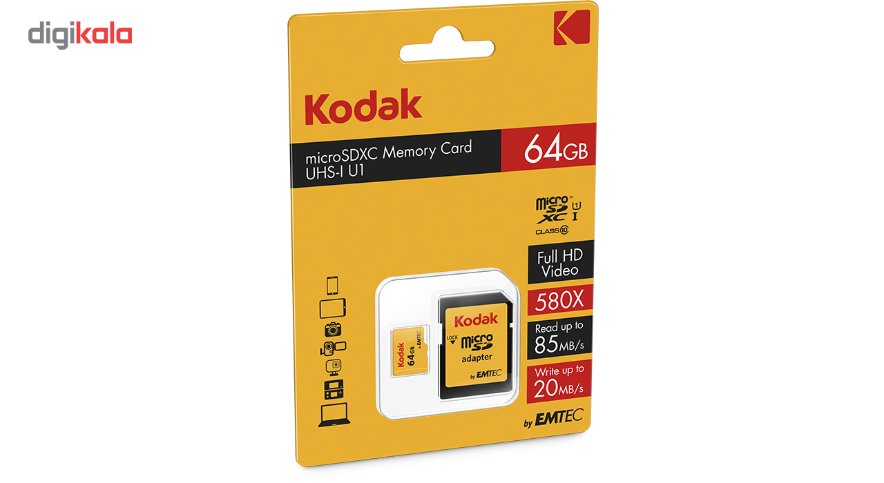 کارت حافظه microSDXC کداک مدل UHS-I U1 کلاس 10 سرعت 85MBps همراه با آداپتور ظرفیت 64 گیگابایت