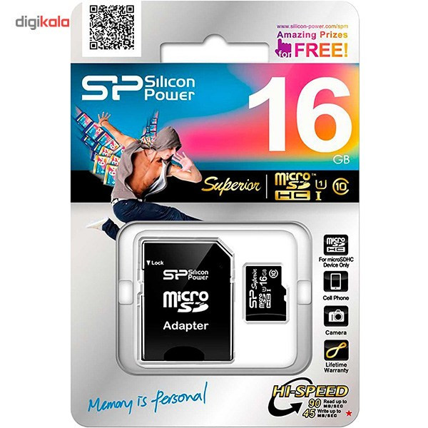 کارت حافظه microSDHC سیلیکون پاور مدل Superior کلاس 10 استاندارد UHS-I U1 سرعت 90MBps همراه با آداپتور SD ظرفیت 16 گیگابایت