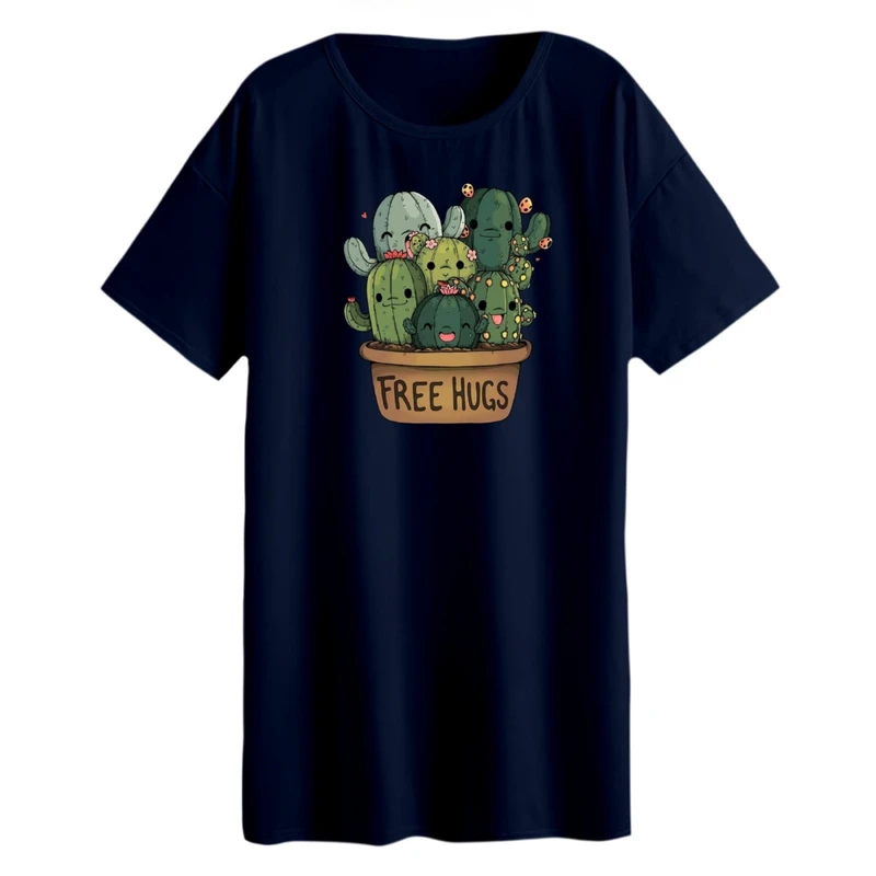 تی شرت لانگ زنانه مدل گلدان کاکتوس رنگ سورمه ای