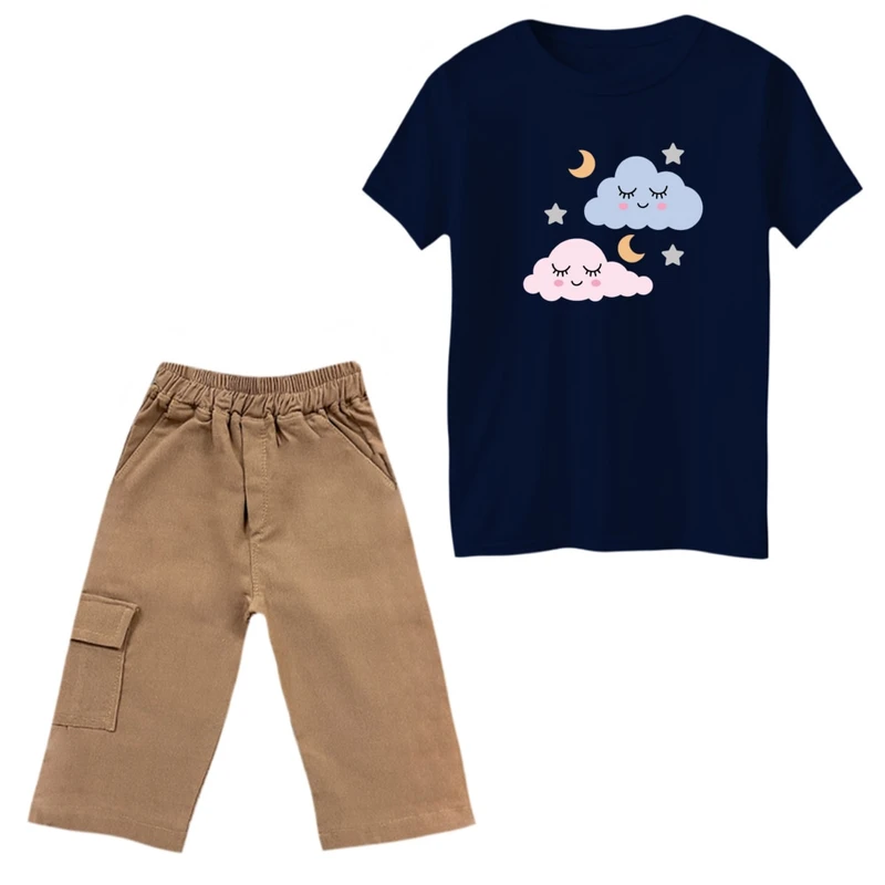 ست تی‌شرت و شلوارک دخترانه مدل ابر و ستاره