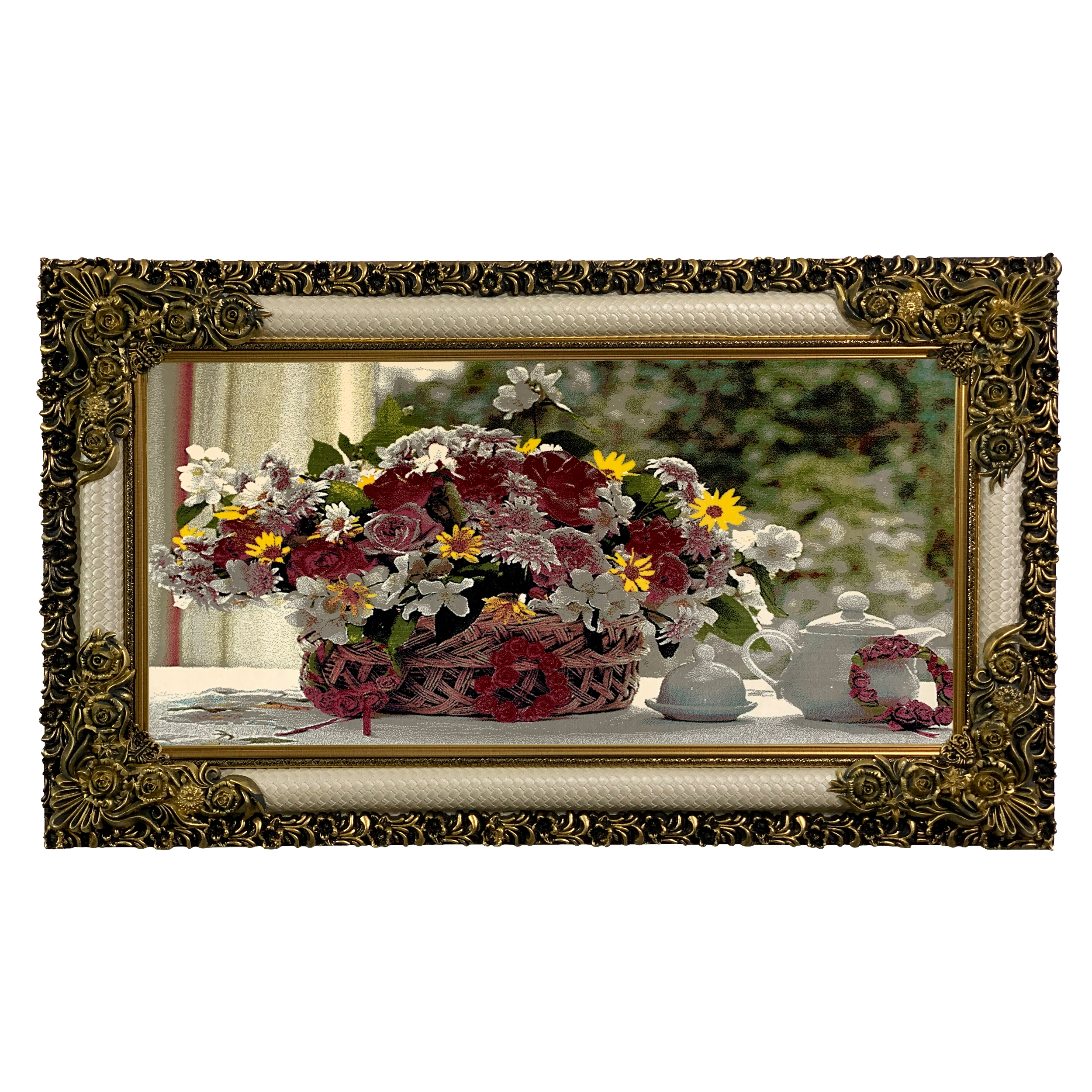 تابلو فرش ماشینی طرح سبد گل و قوری کد ۷۳۷۱