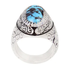 انگشتر نقره مردانه بازرگانی میلادی مدل سنگ فیروزه طبیعی نیشابور رکاب دست ساز سیاه قلم کد AM_2018