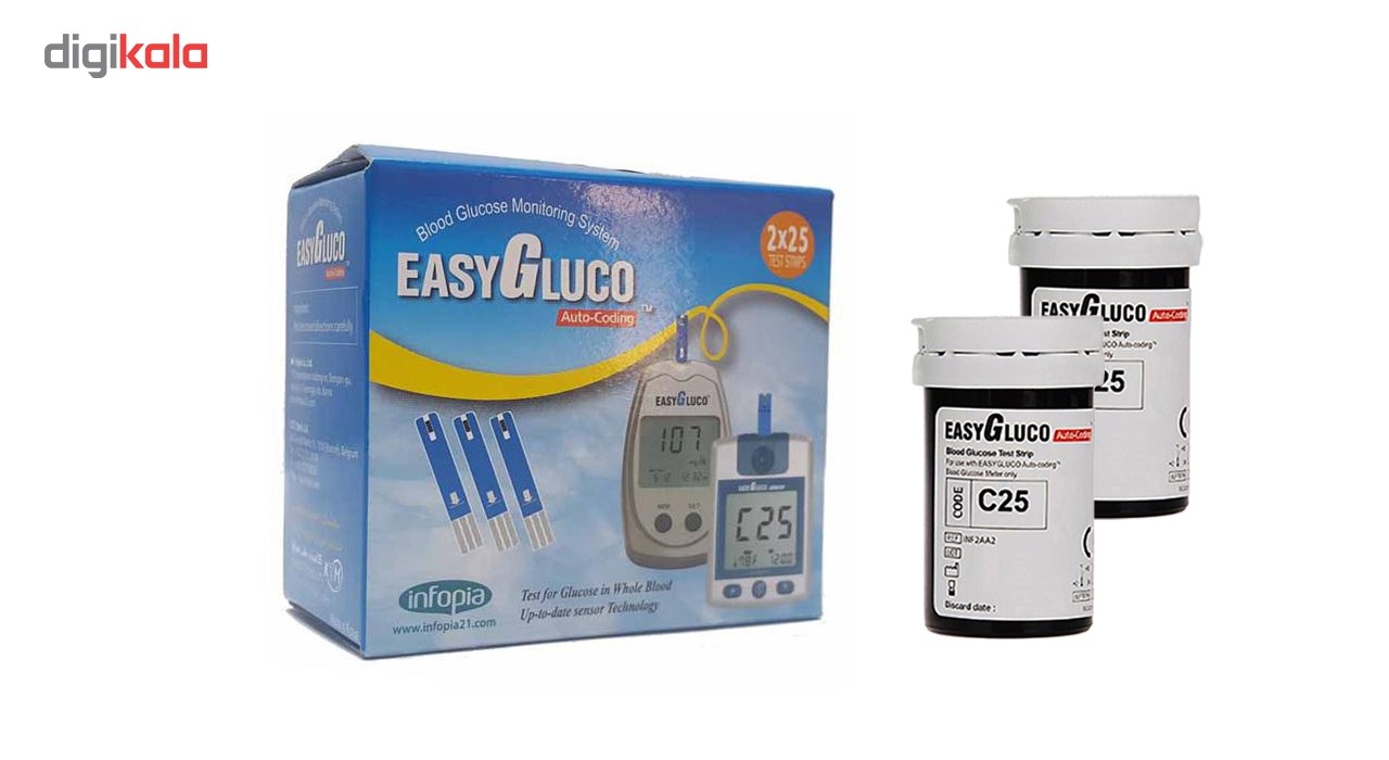 دستگاه تست قند خون اینفوپیا مدل EasyGluco به همراه 4 بسته نوار 25 عددی