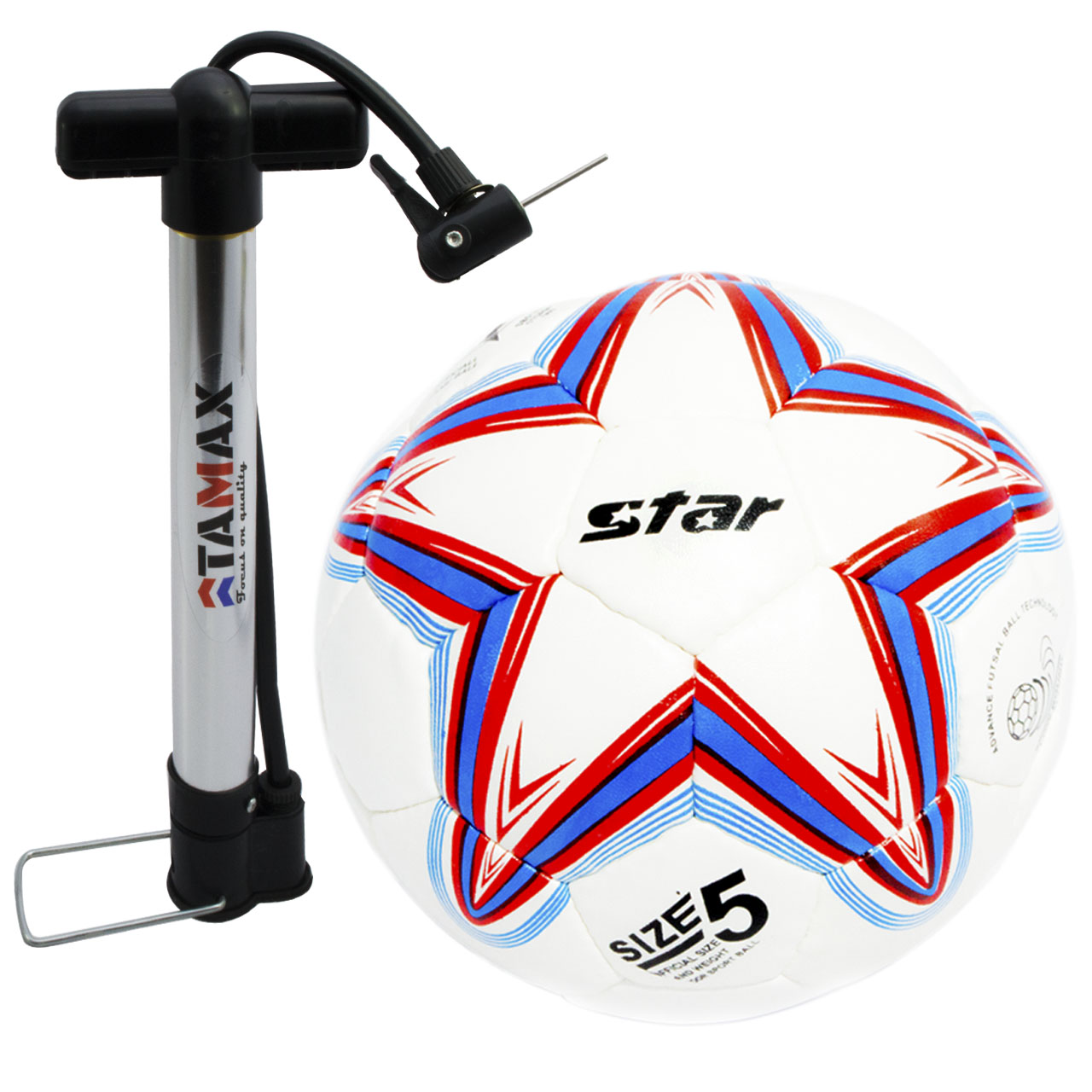 توپ فوتبال مدل استار سفید قرمز همراه با تلمبه تامکس سایز 5