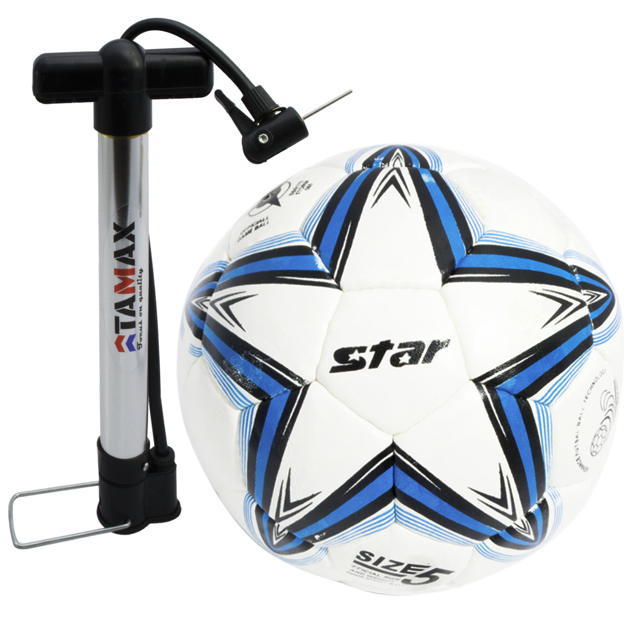 توپ فوتبال سفید آبی مدل استار همراه با تلمبه سایز 4