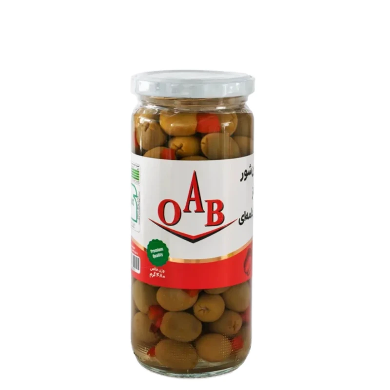 زیتون شور بی هسته با مغز فلفل دلمه ای اُ آ ب - 500 گرم