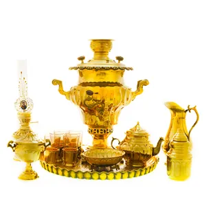 سرویس سماور ذغالی 14 پارچه برنجی مدل میخی ترک دار کد 4442