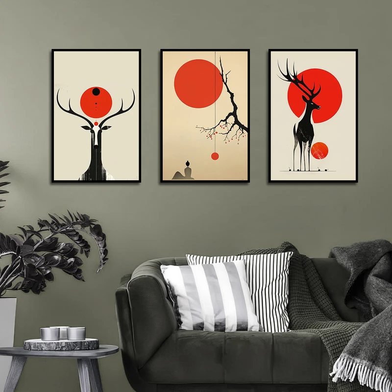 تابلو بکلیت طرح مینیمال گوزن مدل B-3228 فریم مشکی مجموعه 3 عددی