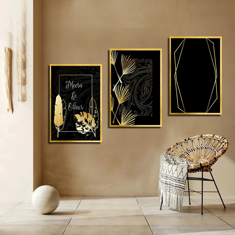 تابلو بکلیت طرح نقاشی برگ و پر طلایی مدل T-3159 مجموعه 3 عددی