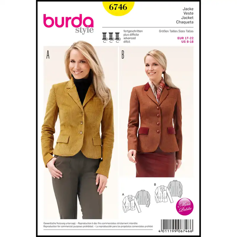 الگو خیاطی کت زنانه بوردا استایل کد 6746 سایز 34 تا 44 متد مولر