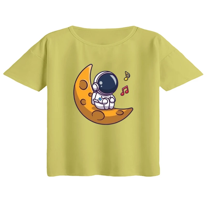 کراپ تی‌شرت آستین کوتاه زنانه مدل فضانورد و ماه کد۲