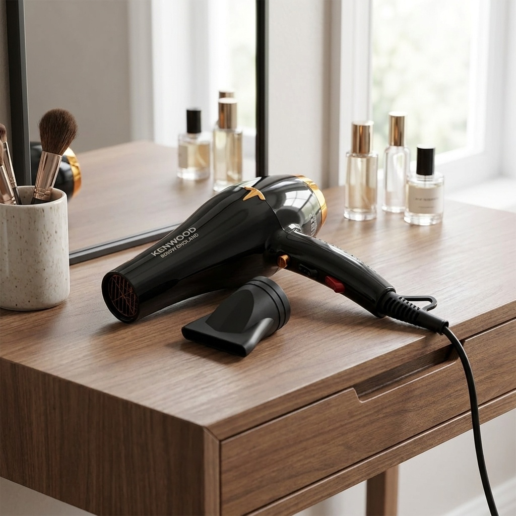 سشوار حرفه‌ای کنوود مدل KW-5872 با توان 9000 وات، تنظیم دما و سرعت دو حالته، باد سرد، فناوری یون، وزن 610 گرم، همراه با متمرکزکننده باریک و سری صاف‌کننده