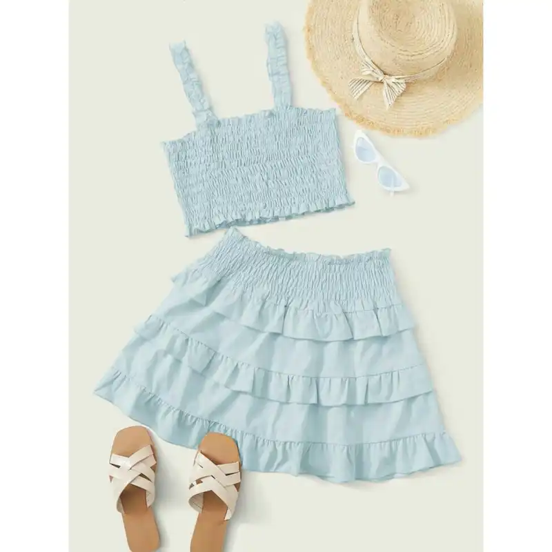 ست نیم تنه و دامن زنانه مدل نخی تابستانه رنگ آبی