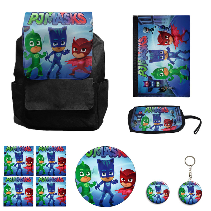 کوله پشتی مدل انیمیشن شب نقاب کد Pj Masks M4 همراه کلاسور و جامدادی و زیر لیوانی و جاکلیدی مجموعه 10 عددی