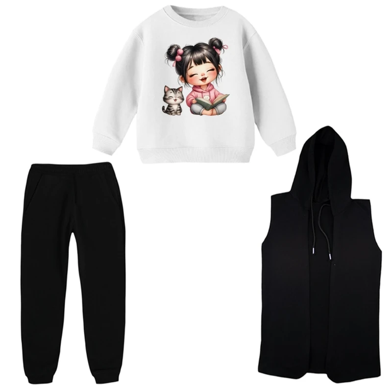 ست 3 تکه لباس راحتی بچگانه مدل دخترک و گربه  