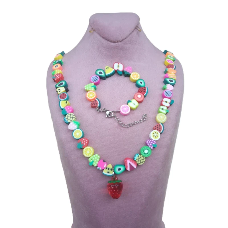 نیم ست دخترانه مدل مهره ای میوه ای طرح توت فرنگی کد m0360