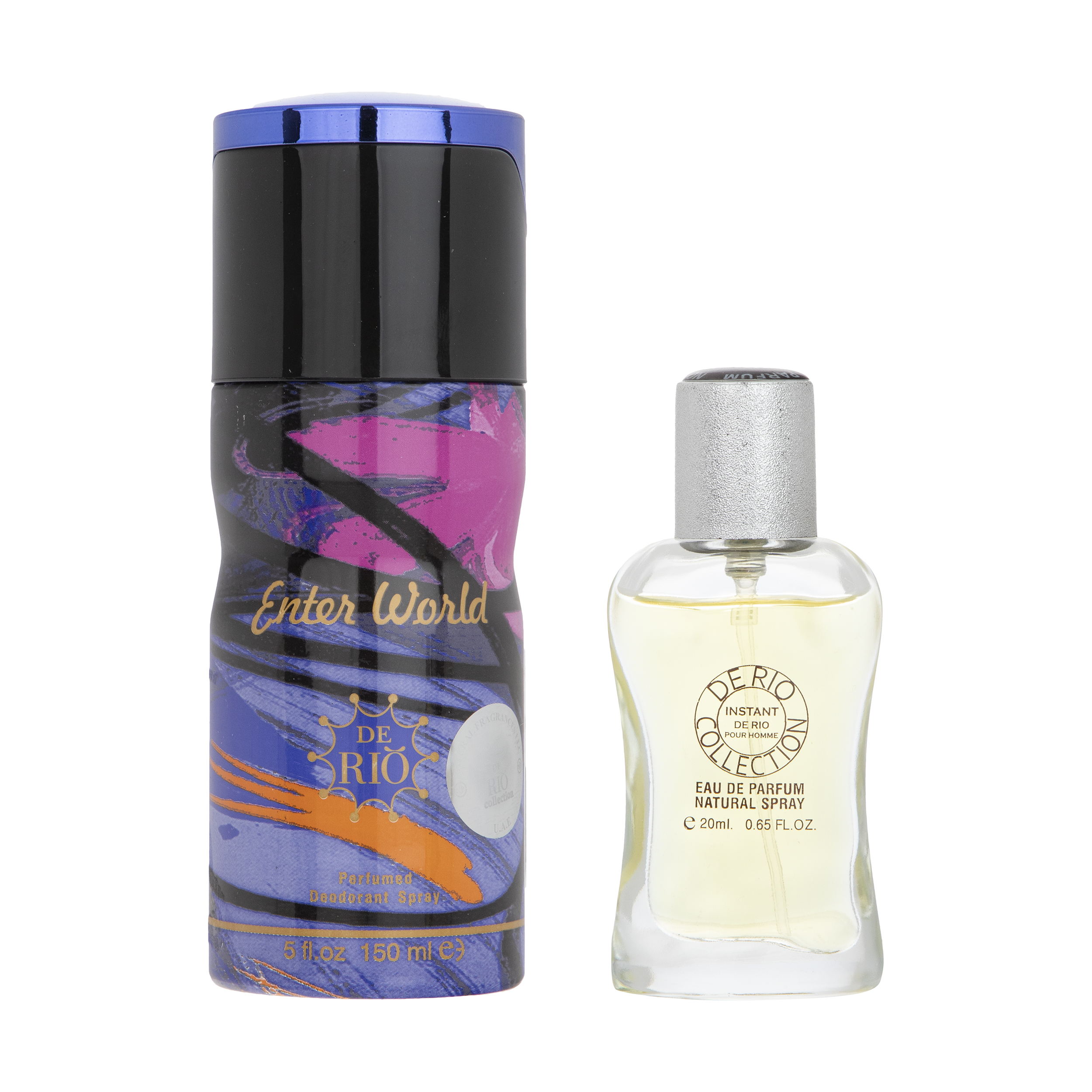 عطر جیبی مردانه ریو کالکشن مدل Instant حجم 20 میلی لیتر به همراه اسپری بدن مردانه مدل Enter World حجم 150 میلی لیتر 
