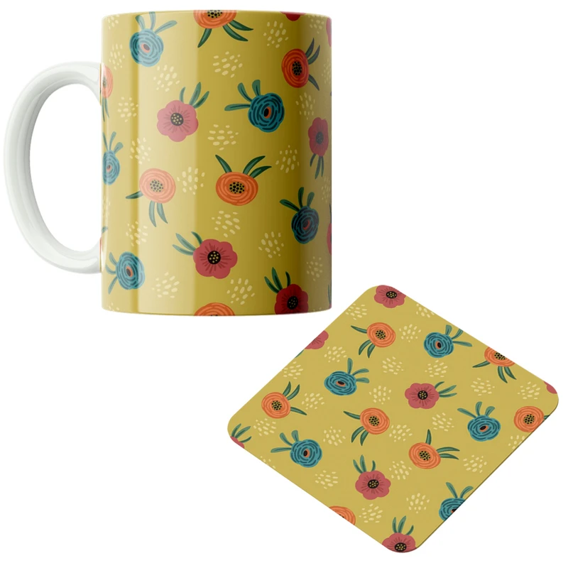 ماگ پاد آفرین مدل گل های فانتزی کد DKC476 به همراه زیر لیوانی